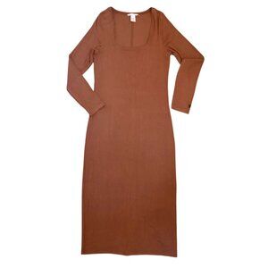 Victoria’s Secret Brown Ribbed Midi Dress – Long Sleeve Scoop Neck, Size L